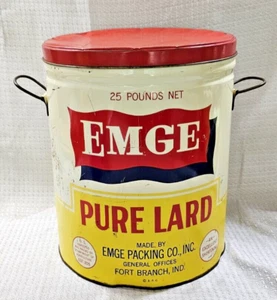 Vtg EMGE'S Pure Lard Fort Branch IND 25 lbs Net METAL TIN CAN Container Handles - Picture 1 of 15