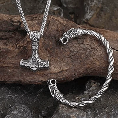 Mjölnir Amulett,Wikinger,FENRIR Wolfkopf Talisman Halskette mit Armreif Set - Bild 1 von 4