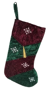 MEDIAS NAVIDAD TERCIOPELO VERDE/BORGOÑA 17" - COPOS DE NIEVE - NUEVAS - Imagen 1 de 1