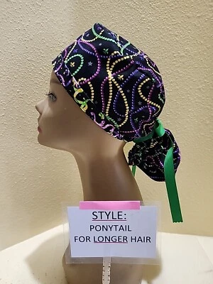 Mardi Gras (beads) SALE Women's Ponytail Surgical Scrub Hat/Cap Handmade - Image 1 of 4