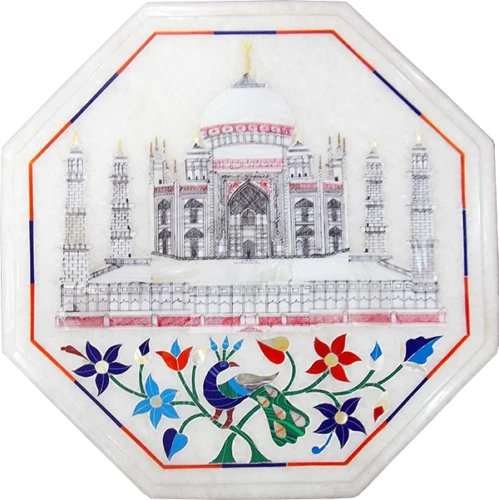 12" Marble corner Table Top semi precious stone handmade floral inlay art work - Image 1 of 1