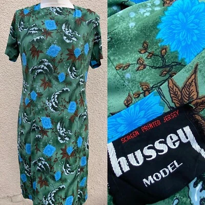 VESTIDO VINTAGE ANOS 50 HUSSEY SERIGRAFIA JERSEY ORIENTAL WIGGLE M L 14 - Imagem 1 de 4