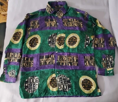 Camisa sorpresa de colección para hombre seda brillante negra verde abotonada llamativa top retro años 90 Foto 1 de 4