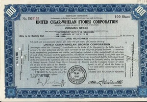 Stock certificate United Cigar-Whelan Stores Corp. 1937 100 Shares - Picture 1 of 1