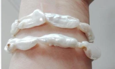 DOUBLE STRANDS 7.5"21X11MM NATURAL SOUTH SEA GENUINE WHITE PEARL BRACELET 375AA  - Image 1 of 2