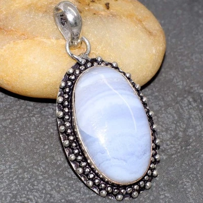 Кулон ручной работы с голубым кружевом из серебра 925 пробы с драгоценными камнями 1,8 дюйма GW - Изображение 1 из 3