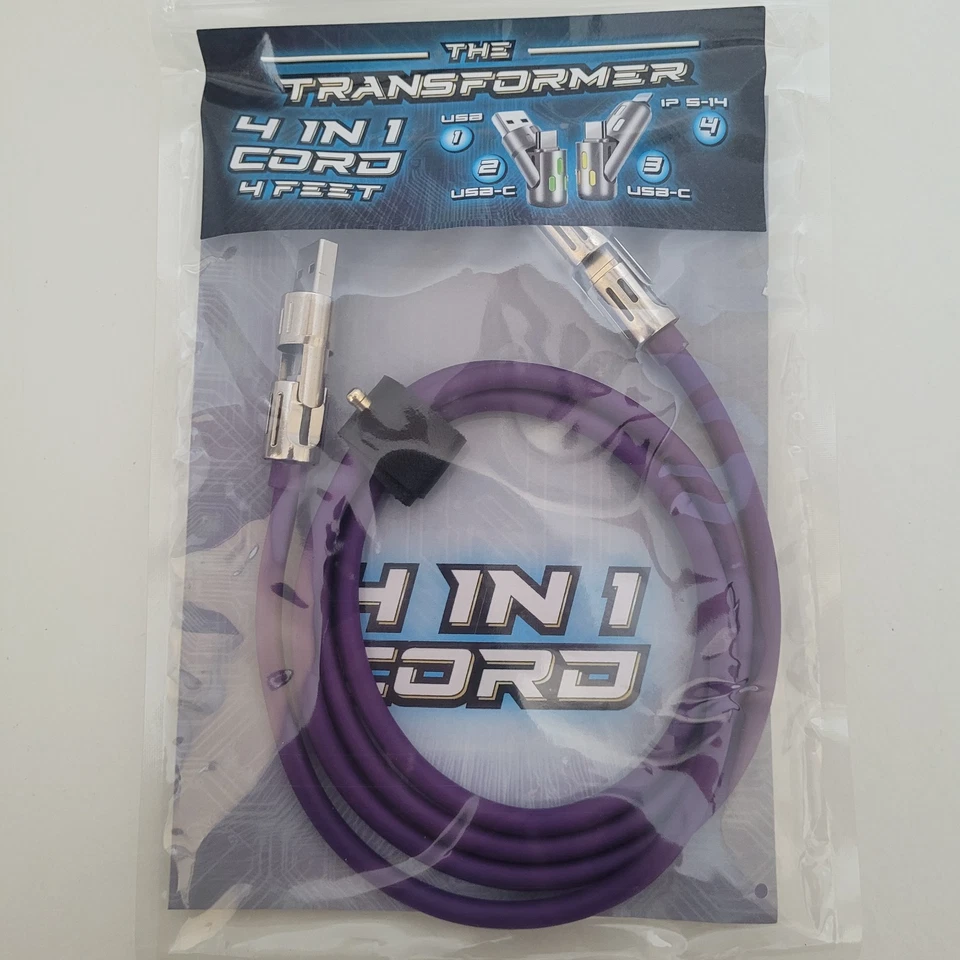 TRANSFORMER 4 IN 1 Charging Cable 4 Foot 65W USB IP 5-14 USB-C iPhone Android - Image 1 of 4