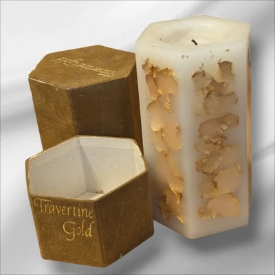 Vela de pilar de oro de travertino de colección por tarjetas Hallmark - La caja usada está dañada  Foto 1 de 4