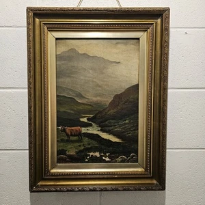 Öl auf Leinwand: Hochlandkuh in rustikaler Landschaft, vergoldeter Rahmen 19. Jahrhundert - Bild 1 von 20