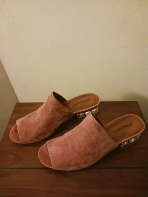 Jeffrey Campbell ARTICA Mules de Gamuza Rosa, Peep Toe, Tacón Bloque Perla, Talla 9M Foto 1 de 4