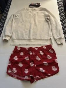 NWOT Women's Wondershop Santa Pajama Set Shorts White Sweatshirt + Sleeping Mask - Picture 1 of 11