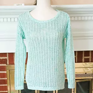 Talbots Open Knit Pullover Sweater Green Ribbed Long Sleeve Crew Neck Side Slits - Picture 1 of 6