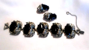 Schiaparelli Black Rhinestone Bracelet & Clip Earrings Antiqued Silver-tone (AHe - Picture 1 of 12