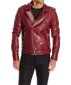Mens Burgundy Leather Jacket Slim Fit Party Wear Jacket Gift For Him MMJ1h - Picture 1 of 8