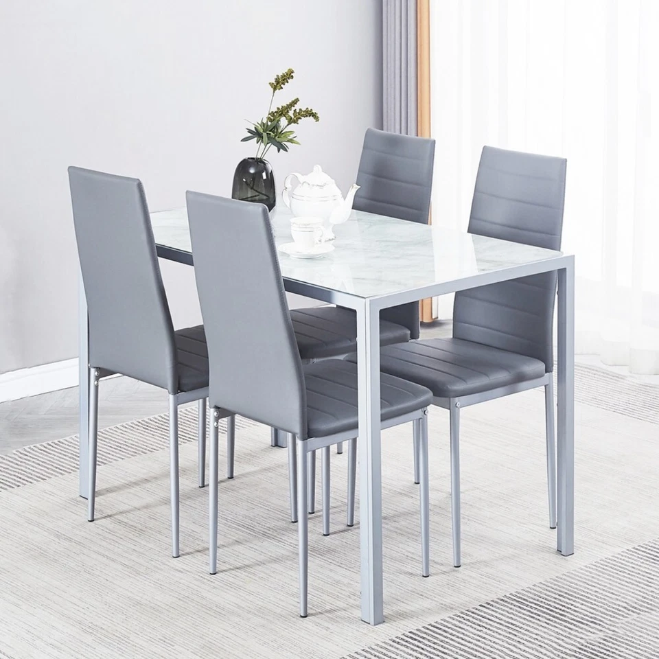 4pcs Grey Faux Leather Dining Chairs & Grey Marble Glass Dining Table Dining Set - Image 1 of 4
