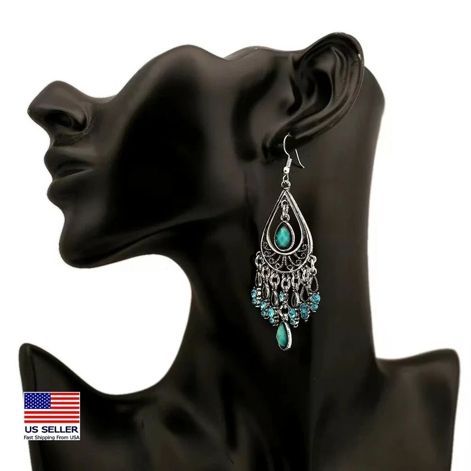 Women Jewelry Antique Earrings Turquoise Crystal Tassel Stud Teardrop Style 1399 - Image 1 of 4