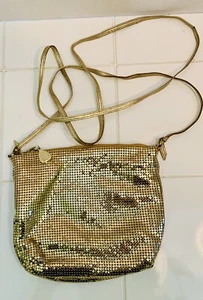 vintage whiting and davis gold mesh evening bag 1970’s leather shoulder strap - Picture 1 of 4