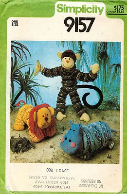 1970's VTG Simplicity Toys Monkey,Lion,Hippo Pattern 9157 UNCUT - Image 1 of 2