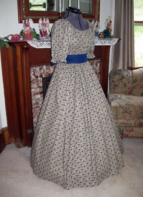 Civil War, Victorian, Trek, Western, Pioneer Dress Gown 1800s Blue Floral Design - Image 1 of 3