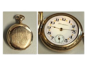 ANTICO OROLOGIO TASCA Hampden ORO 14k Gold Filled HUNTER POCKET WATCH taschino - Foto 1 di 21