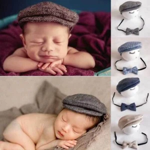 Baby Peaked Beanie Cap - Hat Bow Tie Newborn Costume Photo Prop Outfit 2PCS Sets - Picture 1 of 17