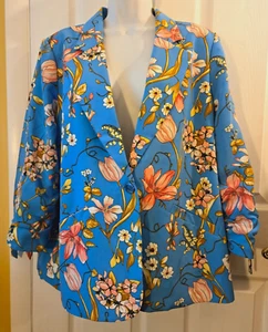 Susan Graver QVC Blue Floral Blazer Jacket Ruched Sleeves Women's Size 14 NWOT - Picture 1 of 9