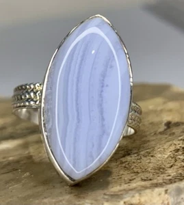 Anillo llamativo de plata de ley 925 de ágata de encaje azul talla 8 - Imagen 1 de 16
