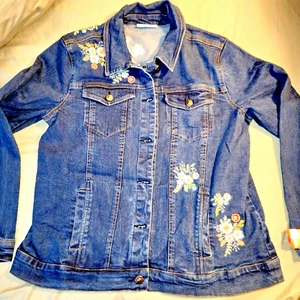 LARGE NorthStyle Denim Jacket tapered V-Neckline Button Front Embroidered flora - Picture 1 of 6