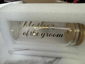 Mother Of The Groom Glass Cups With Lids  Straws For Wedding Engagement shower - Picture 1 of 7