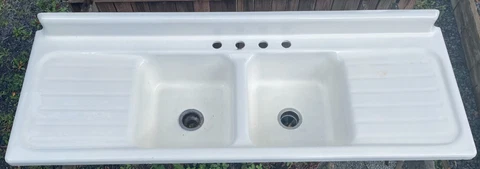 Vintage Cast Iron Porcelain Farmhouse Sink Double Bowl Dual Drainboards 72” Cover