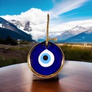 Evil Eye Sonnenfänger hängend Glücksbringer blau rund Goldrand 3,5" türkisch - Bild 1 von 6