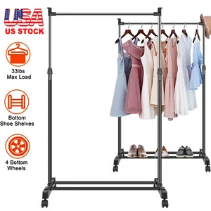 Adjustable Rolling Clothes Rack Single Hanging Garment Bar Heavy Duty Hanger - Picture 1 of 9