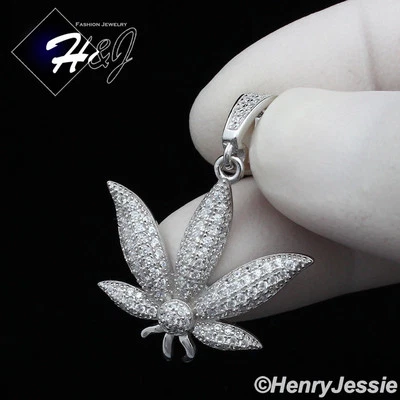 MEN WOMEN SOLID 925 STERLING SILVER ICY BLING CZ 3D MARIJUANA LEAF PENDANT*P173 - Image 1 of 4