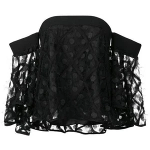 $375 Milly Off-The-Shoulder Feather Lace Polka Dot Flared Top Blouse Black US 4 - Picture 1 of 12