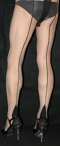 Extra Large15 Denier Nude Tights with Black Contrast French Heel & Seam Retro  - Picture 1 of 12