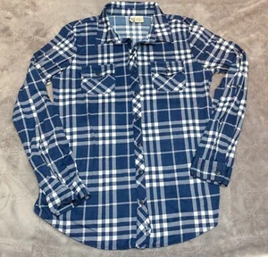 Passport Long Sleeve Button Up Size Medium Plaid Blue and White Ladies Juniors  - Picture 1 of 5