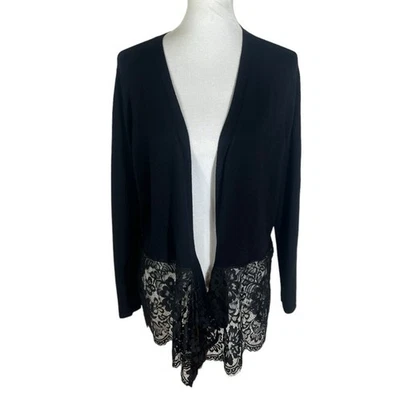 Cardigã túnica Thalia Sodi preto malha aberta com acabamento em renda tamanho G - Imagem 1 de 4