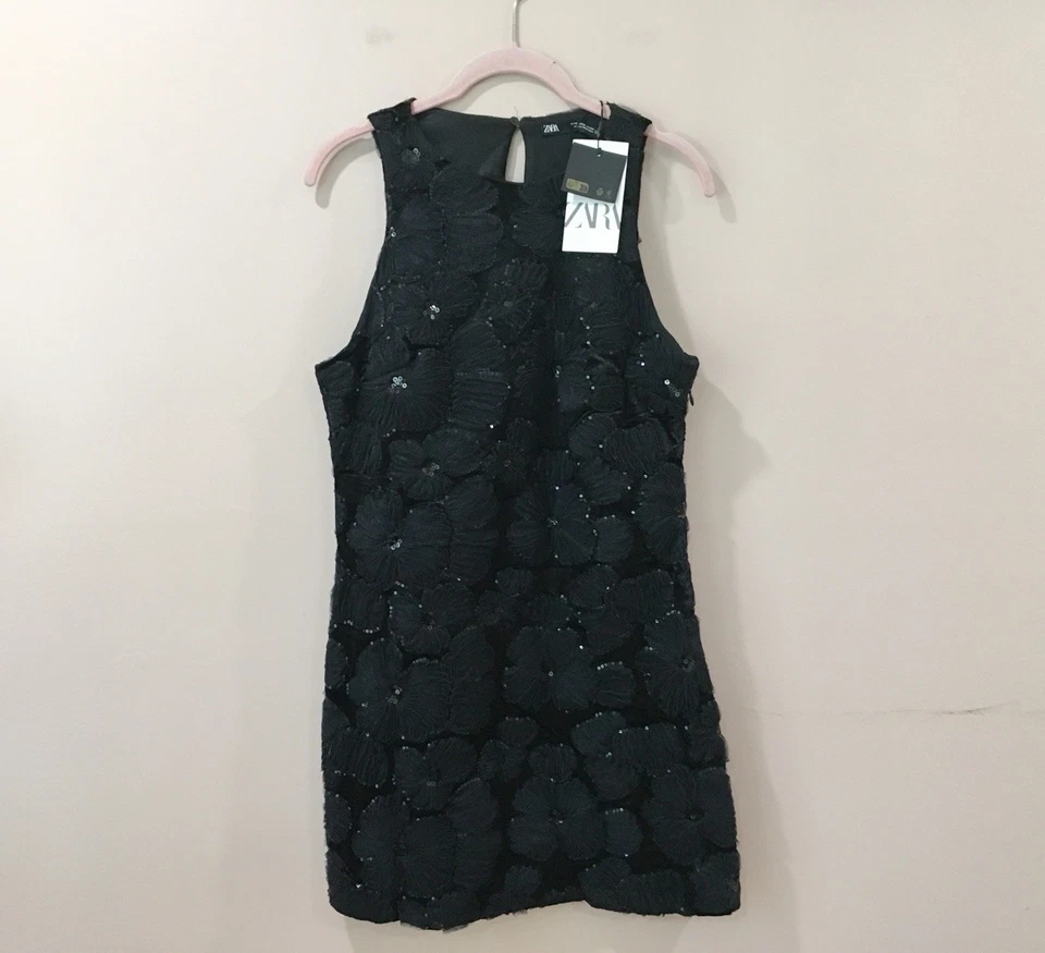 Zara Women M Textured Flower Sequin Dress Black Festival Holiday 7969/254