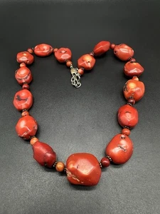 "Collar de bambú coral rojo grueso plata de ley 19""" - Imagen 1 de 10