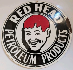 RED HEAD PETROLEUM - ENAMEL METAL SIGN - Advertising Garage Display Car Driving - Foto 1 di 17