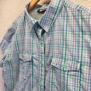 The North Face Button Shirt Womens XL Purple Teal Plaid Short Sleeve Nylon Vent - Picture 1 of 19