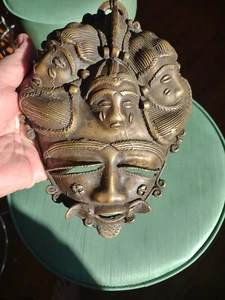 African Tribal 4 Faces Bronze Mask Ornate Details Authentic African Art 11" - Picture 1 of 9