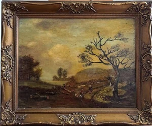 Antique oil painting on wood animated landscape framed - Picture 1 of 8