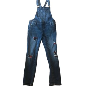 Justice Girls Size 10 Denim Overalls Blue Denim Distressed Plaid Bibs - Picture 1 of 4