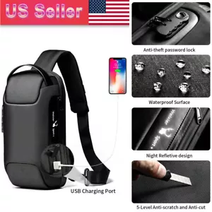 Men's Sling Backpack Waterproof Anti-theft Shoulder Crossbody Chest Bag USB Port - Picture 1 of 27