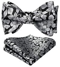 Self Tie Bow Ties for Men Floral Mens Bowties and Pocket Square Set Black Sil...
