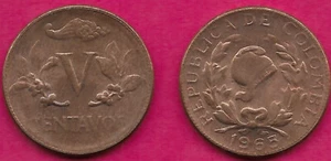COLOMBIA V CENTAVOS 1965 UNC LIBERTY CAP WITHIN WREATH,DATE BELOW,COFFEE BEA - Picture 1 of 1