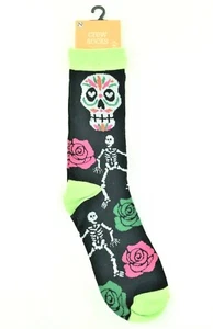 Women's Day of Dead Skull Skeleton Roses (1) Pair Novelty Halloween Crew Socks - Picture 1 of 6