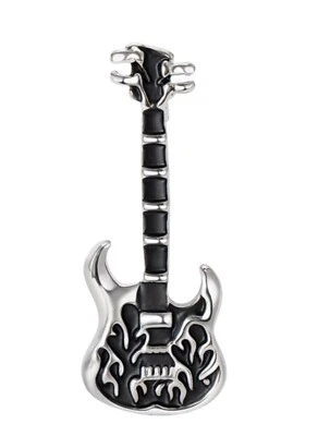 Spilla gioiello stile chitarra elettrica nera e argento in acciaio, hard rock. - Immagine 1 di 2