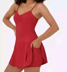NWOT Halara Women's V Neck Lace Up Ruched Asymmetric Hem Mini Dress Salsa Size M - Picture 1 of 5